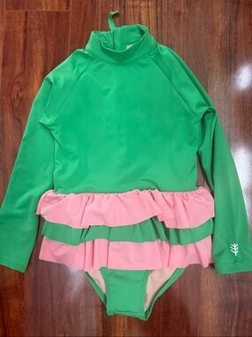 Coolibar Girls' Green & Pink Long-Sleeve Ruffle Swimsuit size small